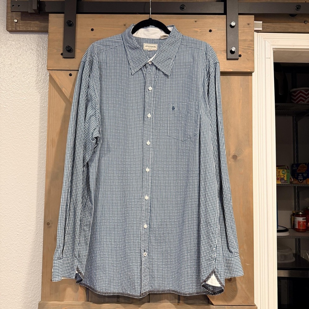 Stetson Shirt Mens 2XL Blue Check Western Button Down Cotton Long Sleeve